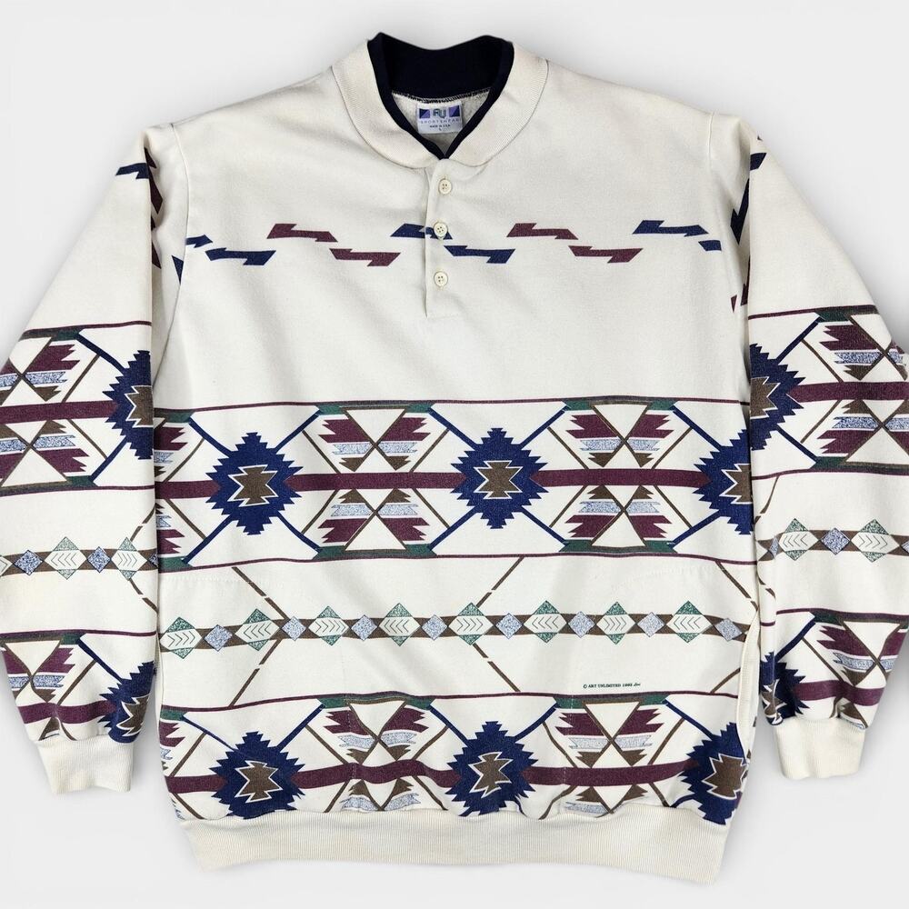 AU Sportswear Sweatshirt Mens Large Aztec Southwest Henley Art Unlimited VTG 90s